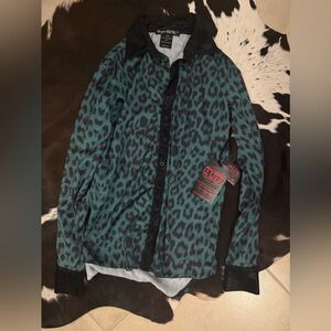 Cowgirl Tuff Teal and Black Leopard Button-Up